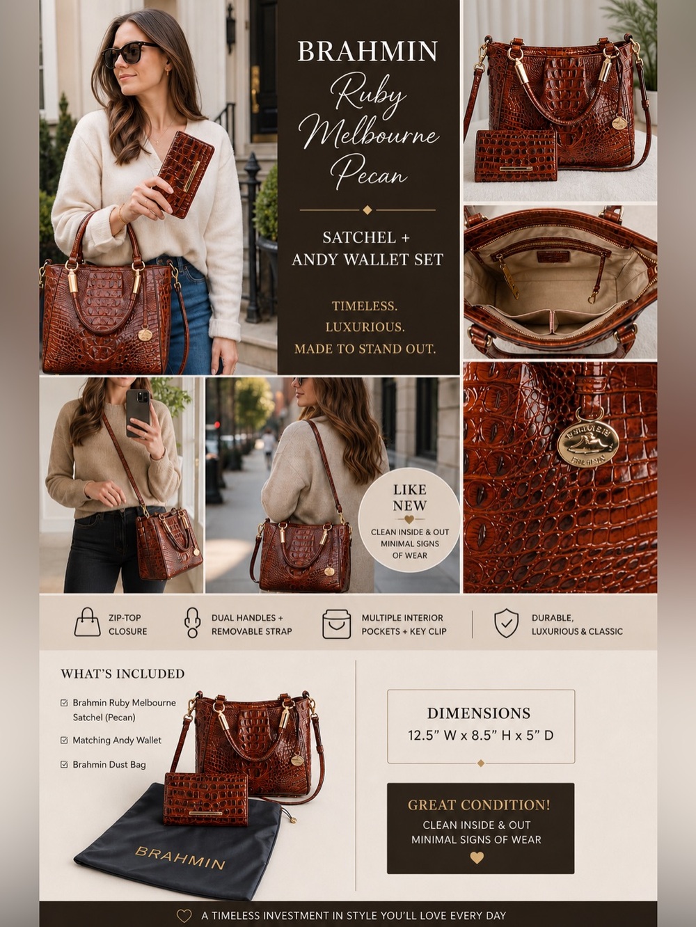 Brahmin Pecan Melbourne Satchel + Matching Wallet (Great Condition)